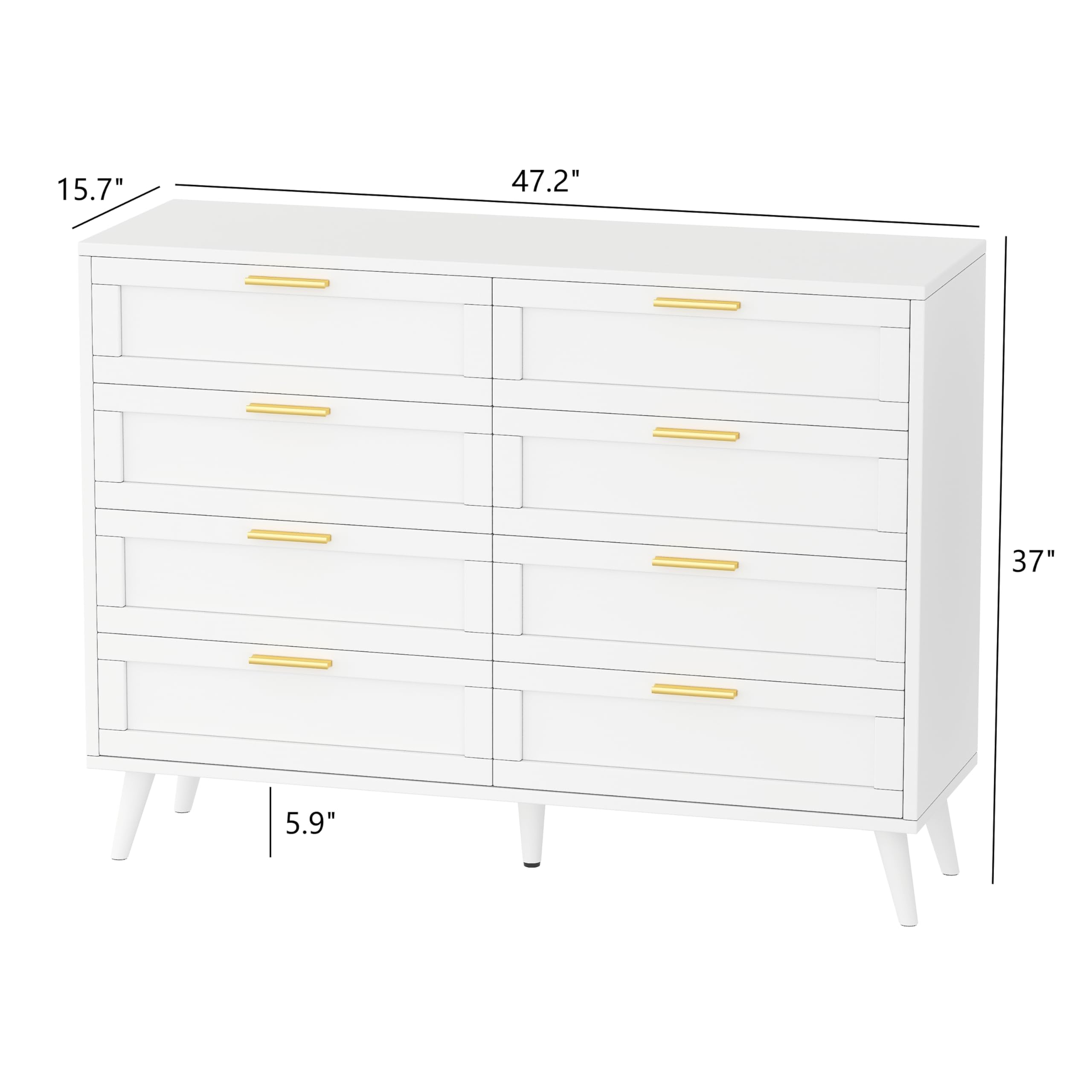 Rovaurx 8 Drawer Double Dresser for Bedroom, Chest of Dressers, Modern Wooden Dresser Chest with Golden Handles, Beside Table for Closet, Living Room and Entryway, White RDG003W