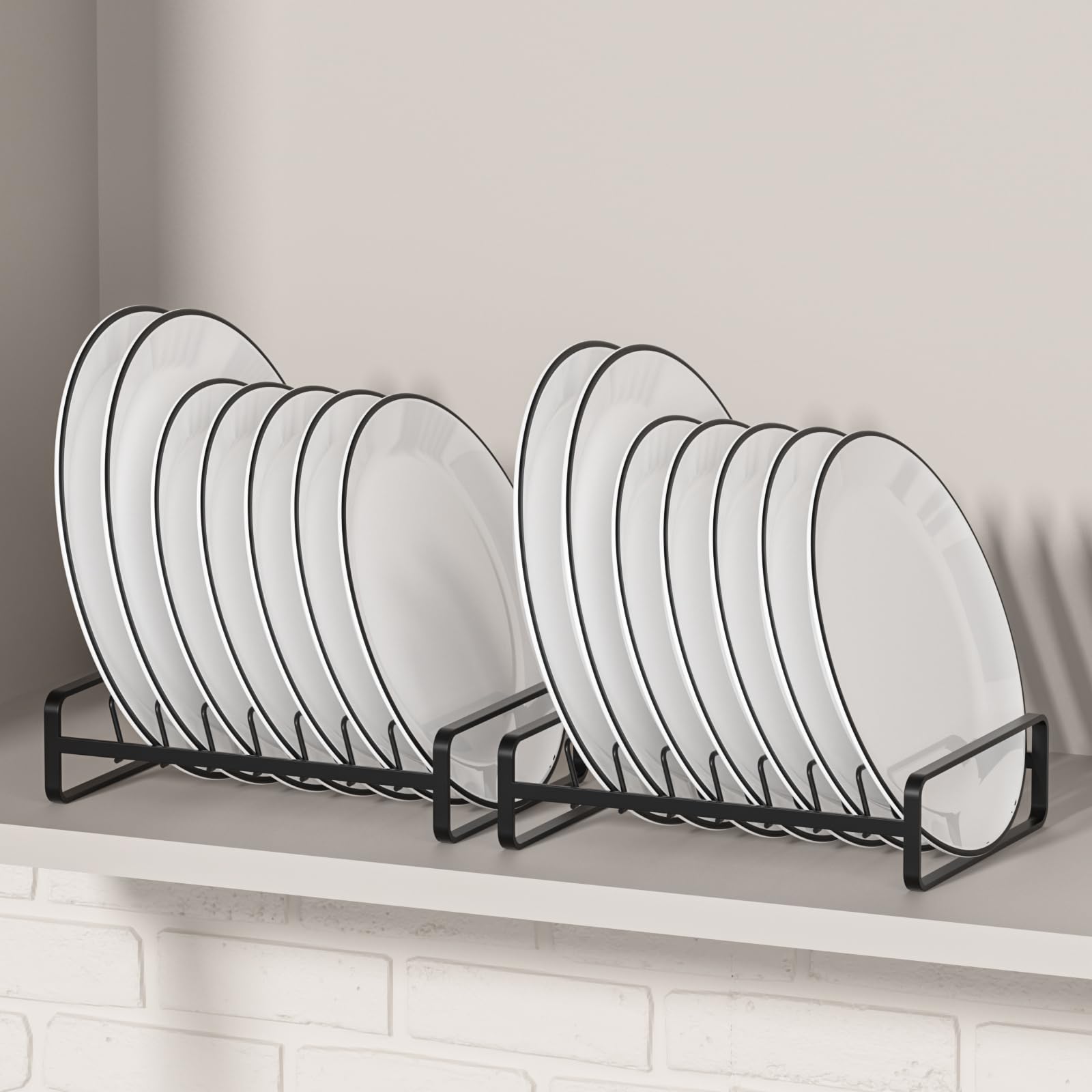 Hikinlichi 2 Pack Plate Holders Organizers 8 Slots Upright Cabinet Dish Drying Racks Metal Plate Dish Organizers Racks Stands for Countertop and Cupboard Black