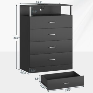 AOGLLATI Dresser for Bedroom with Column Design, 4 Drawer Dresser with Charging Station, Modern Bedroom Led Tall Black Dresser for Bedroom Closet