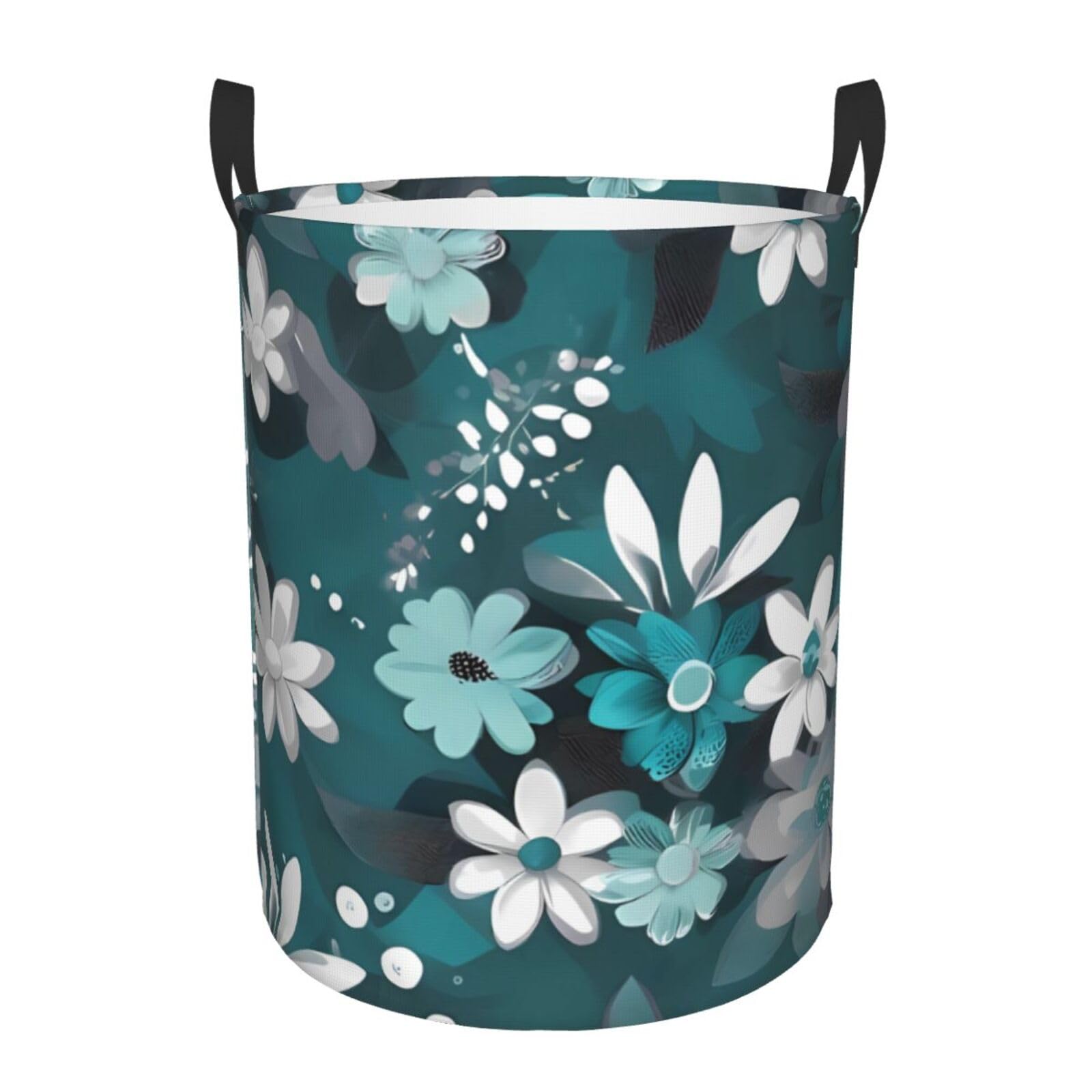 Teal Grey And White Floral Printed Laundry Hamper,Round Laundry Basket,Clothes Hamper With Handle,Collapsible Waterproof For Bedroom