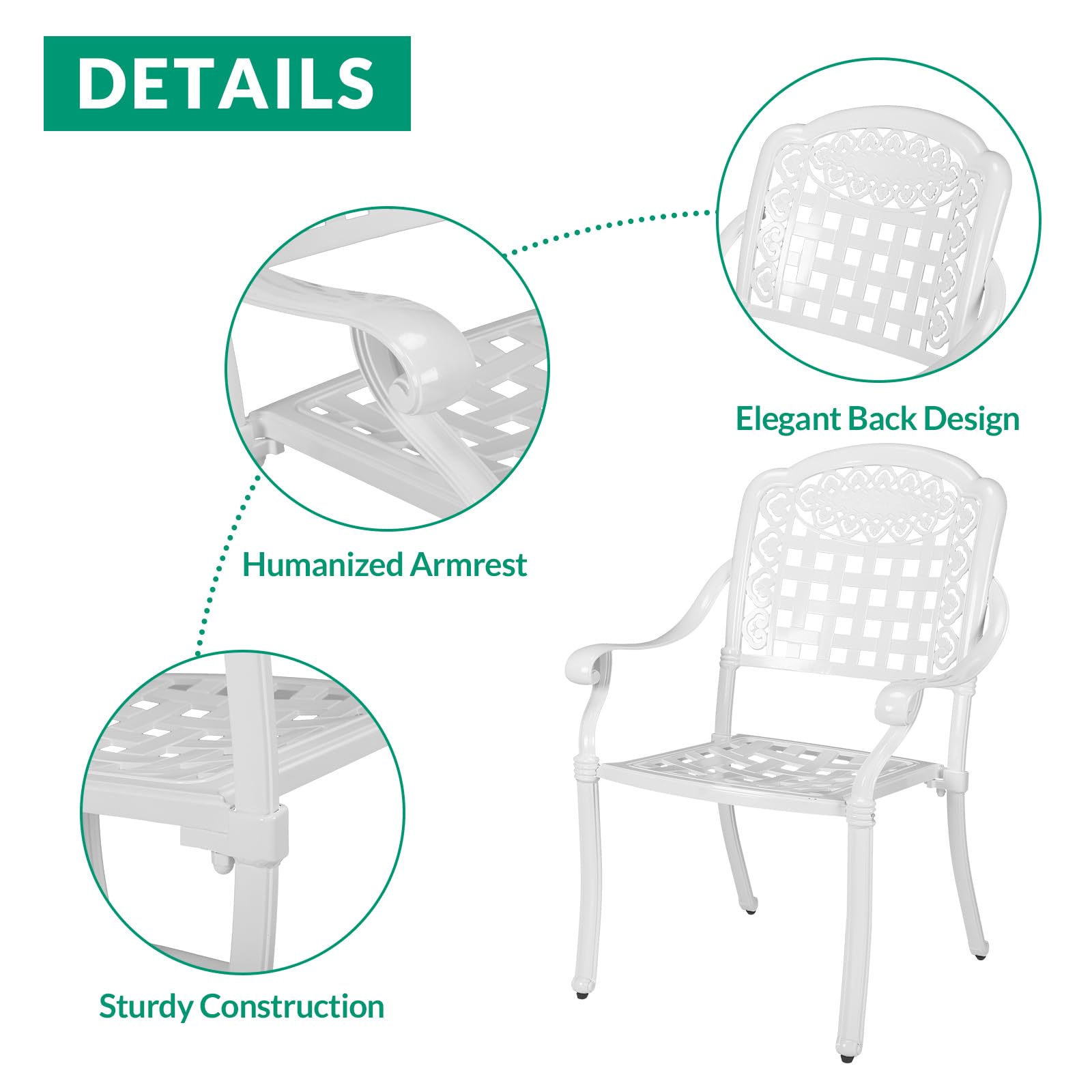 VIVIJASON 7-Piece Patio Furniture Dining Set, All-Weather Cast Aluminum Outdoor Conversation Set, Include 6 Chairs and a Rectangle Table with Umbrella Hole for Balcony Lawn Garden Backyard, White