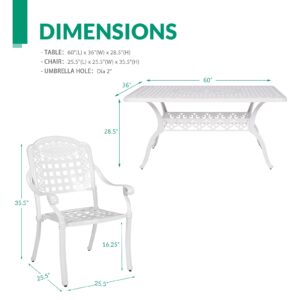 VIVIJASON 7-Piece Patio Furniture Dining Set, All-Weather Cast Aluminum Outdoor Conversation Set, Include 6 Chairs and a Rectangle Table with Umbrella Hole for Balcony Lawn Garden Backyard, White