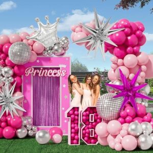 173PCS Princess Pink and Silver Balloon Garland Arch Kit with Explosion Star Silver Crown Balloon for Barbie Theme Birthday Party Decorations Baby Shower girl's Birthday Princess Party Decorations