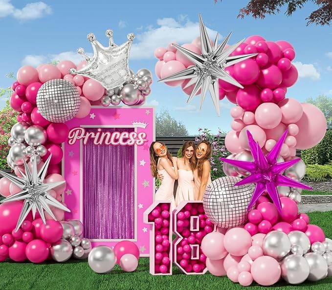 173PCS Princess Pink and Silver Balloon Garland Arch Kit with Explosion Star Silver Crown Balloon for Barbie Theme Birthday Party Decorations Baby Shower girl's Birthday Princess Party Decorations