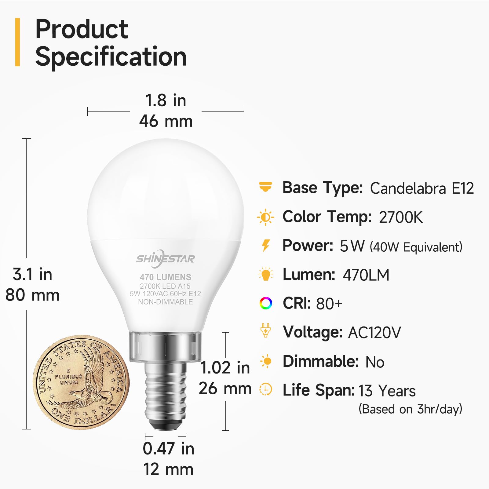 SHINESTAR 3-Pack Small Base Ceiling Fan Light Bulbs, 120v 40w Equivalent, E12 LED Bulb, 2700K Warm White, Non-Dimmable