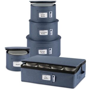 hard shell china storage containers 5-piece set moving boxes for dinnerware, glasses, plates, mugs and saucers sturdy dish organizer with dividers for seasonal storage - service for 12 - denim blue