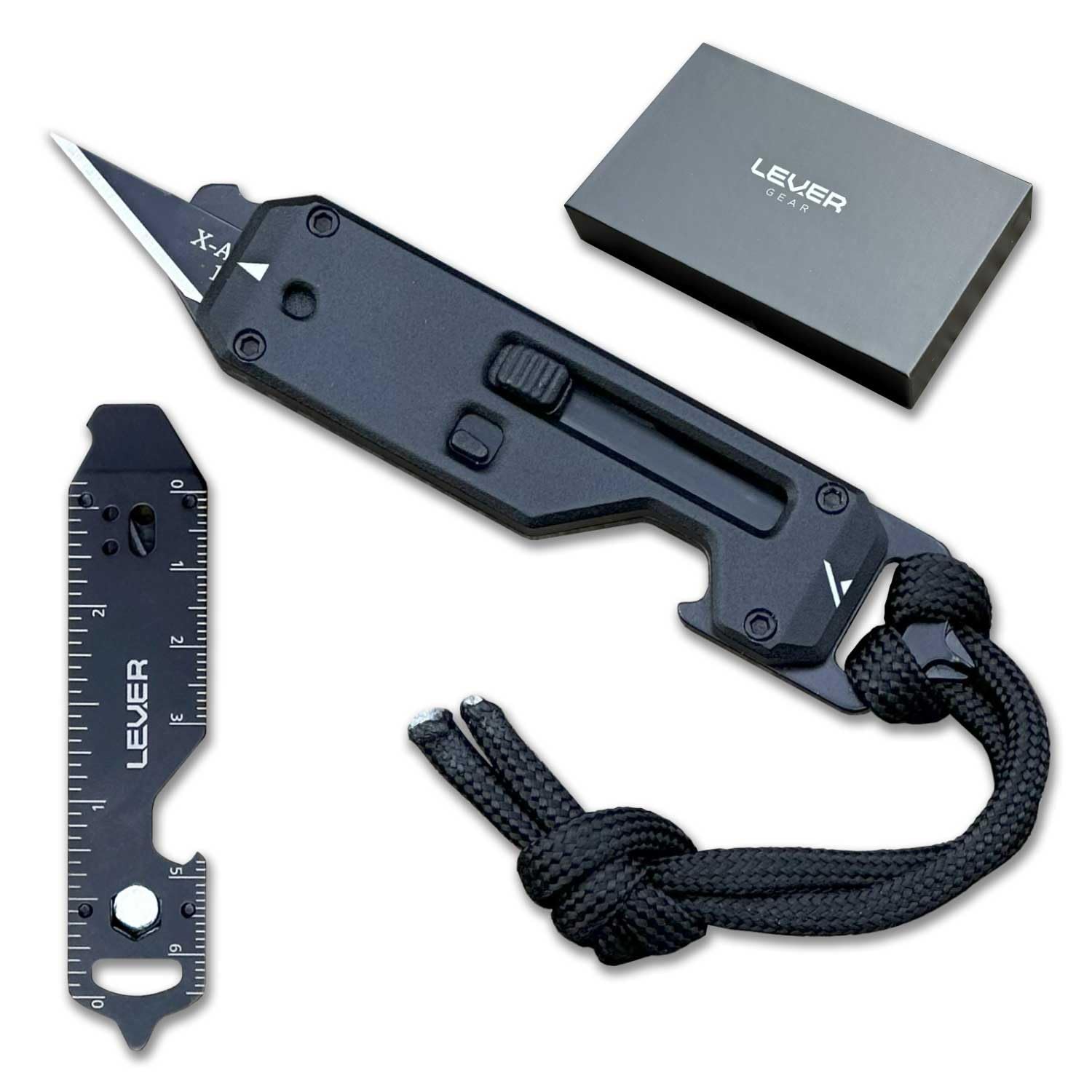 Lever Gear Edge XT - Mini Utility Knife Keychain Multitool w/ 10 Tools - Retractable Razor Blade Mini Box Cutter OTF Knife - Small EDC Pocket Knives For Men Gift (Black-blk)