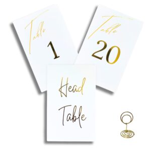 kclife gold wedding table number cards, 4x6, elegant gold foil font 1-20 plus head table, with gold table number holders, luxury event table numbers for events, parties, conferences, banquets, small