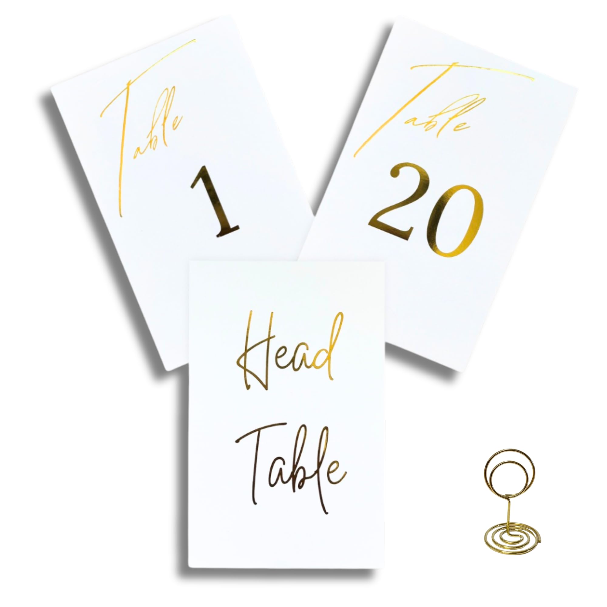 KCLIFE Gold Wedding Table Number Cards, 4x6, Elegant Gold Foil Font 1-20 Plus Head Table, with Gold Table Number Holders, Luxury Event Table Numbers for Events, Parties, Conferences, Banquets, small