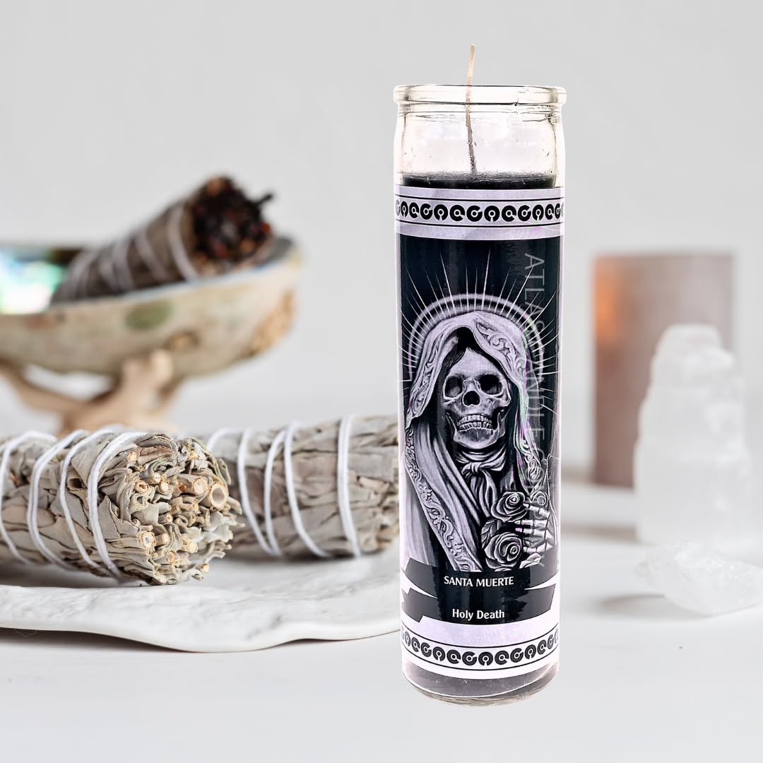 HEALING ATLAS - Holy Death Black Candle in Glass for Rituals and Meditation - Candle for Witchcraft Spells - Velas Negras para Rituales - Black Candles - (Santa Muerte, Black, Pack of 1)