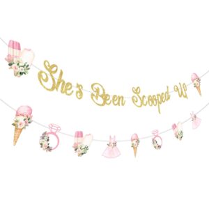 jollyboom she's been scooped up banner, ice cream bridal shower party decoration glitter banner for girl women summer ice cream theme bachelorette bridal shower engagement wedding party