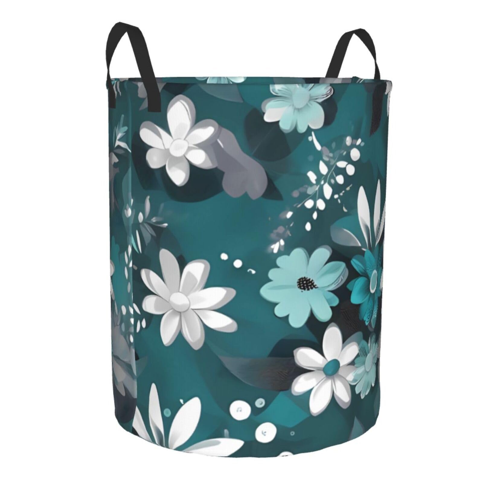 Teal Grey And White Floral Printed Laundry Hamper,Round Laundry Basket,Clothes Hamper With Handle,Collapsible Waterproof For Bedroom