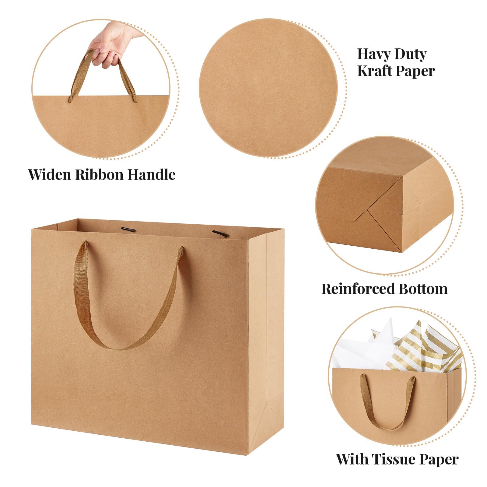 Ohuimrt 12 Pack 12" Large Gift Bags with Tissue Paper, Brown Kraft Paper Gift Bags with Ribbon Handles for Holiday Shopping Retail Merchandise Business, 12.5 x 4.5 x 11 Inches