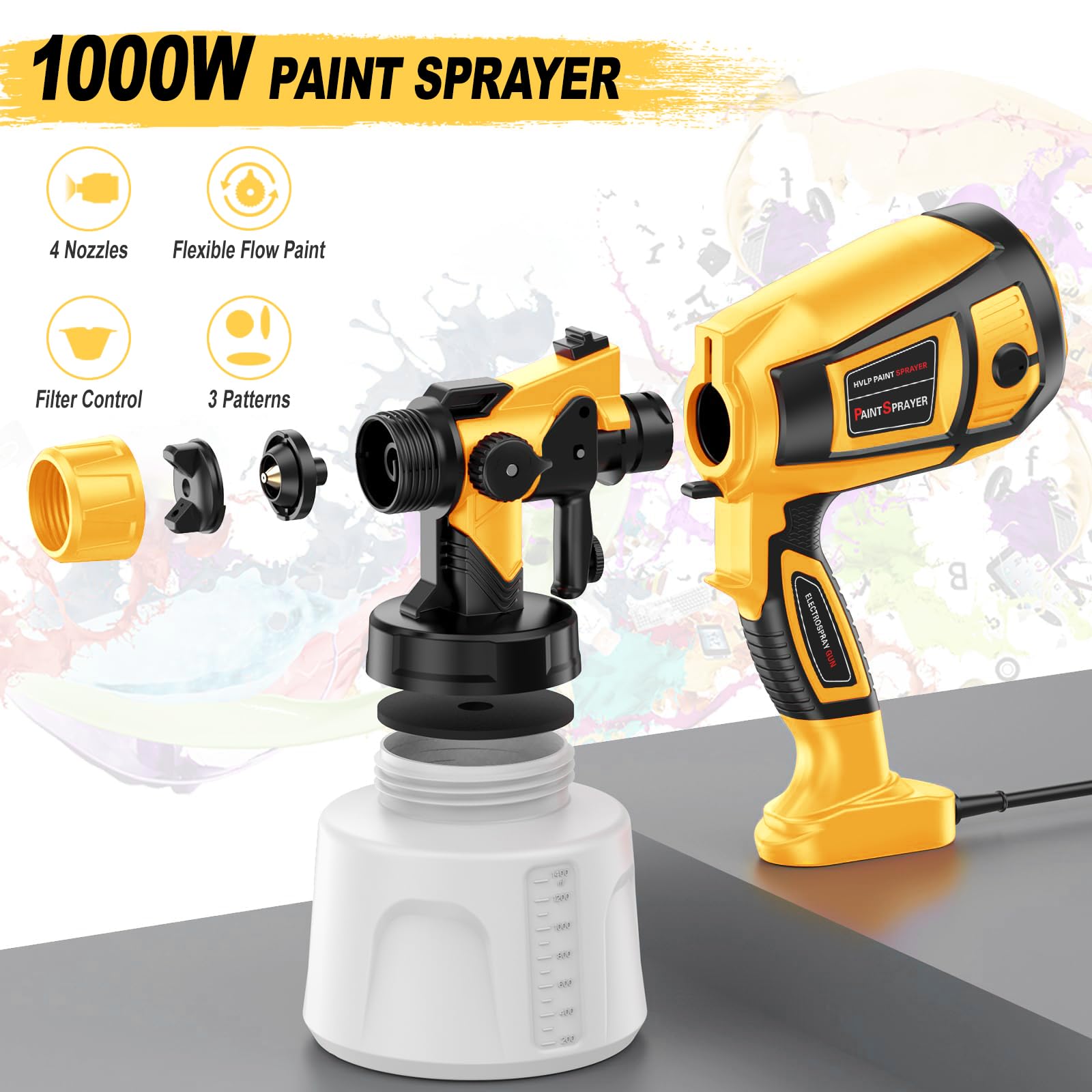 Paint Sprayer Tool 1000W High Power Electric Spray Paint Gun Easy to Clean for Furniture Cabinets Fence Walls Door Garden Chairs Paint Tools Yellow