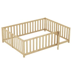 RUNNA Multifunction Full Size Wood Daybed with Fence Guardrails and 2 Drawers, Split into Independent Floor Bed & Daybed for Kids Girls Boys (Natural#8)