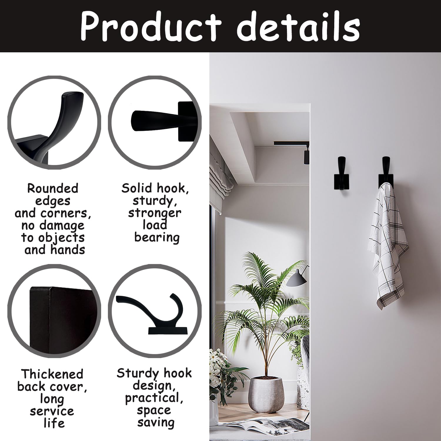 Bunliuys Towel Holder for Bathroom Wall Hooks, Bath Towel Rack Shower Towel Holder, Robe Hook Heavy Duty Coat Hooks Entryway Wall Mounted for Hanging Key Robe Hat Backpack (Black 2)