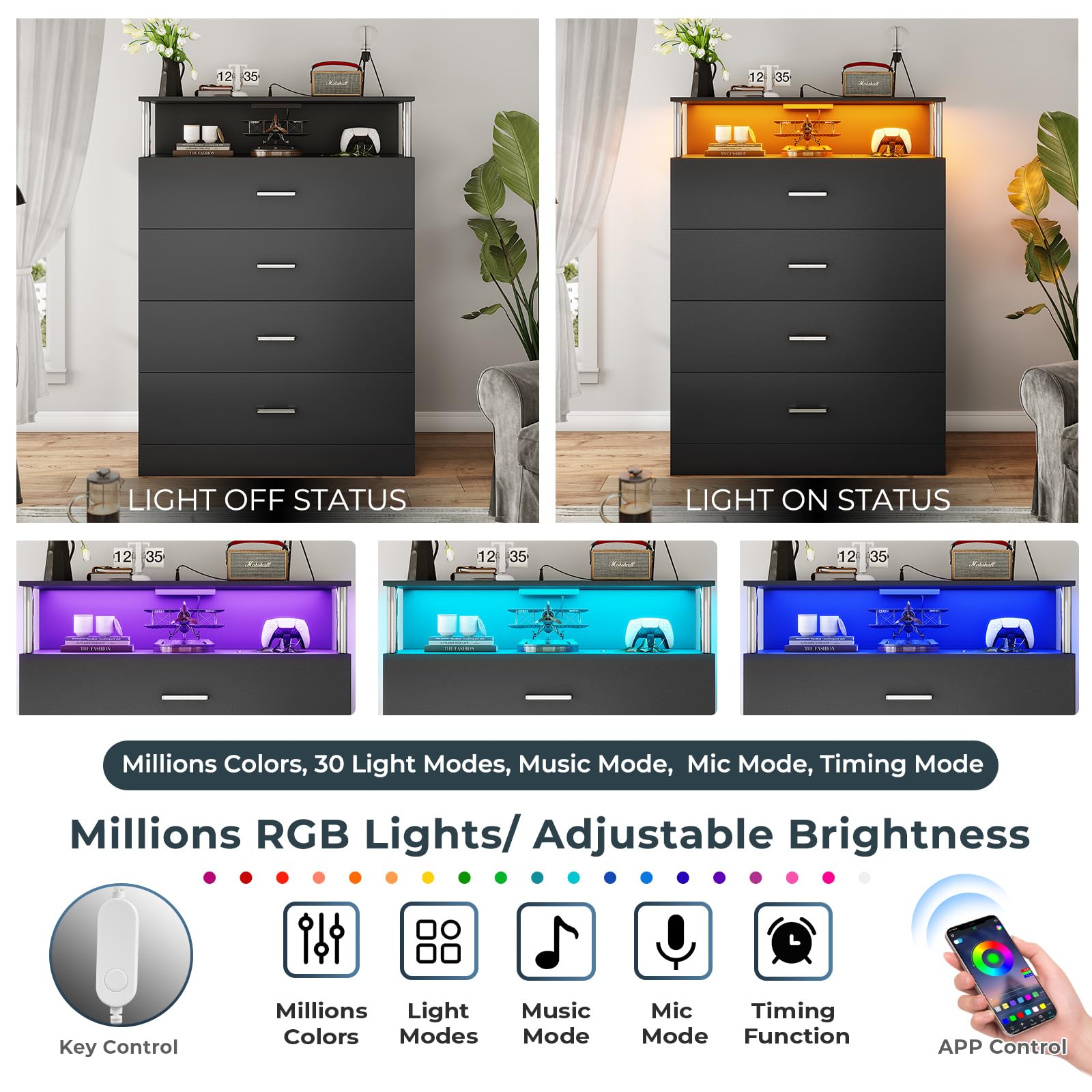 AOGLLATI Dresser for Bedroom with Column Design, 4 Drawer Dresser with Charging Station, Modern Bedroom Led Tall Black Dresser for Bedroom Closet