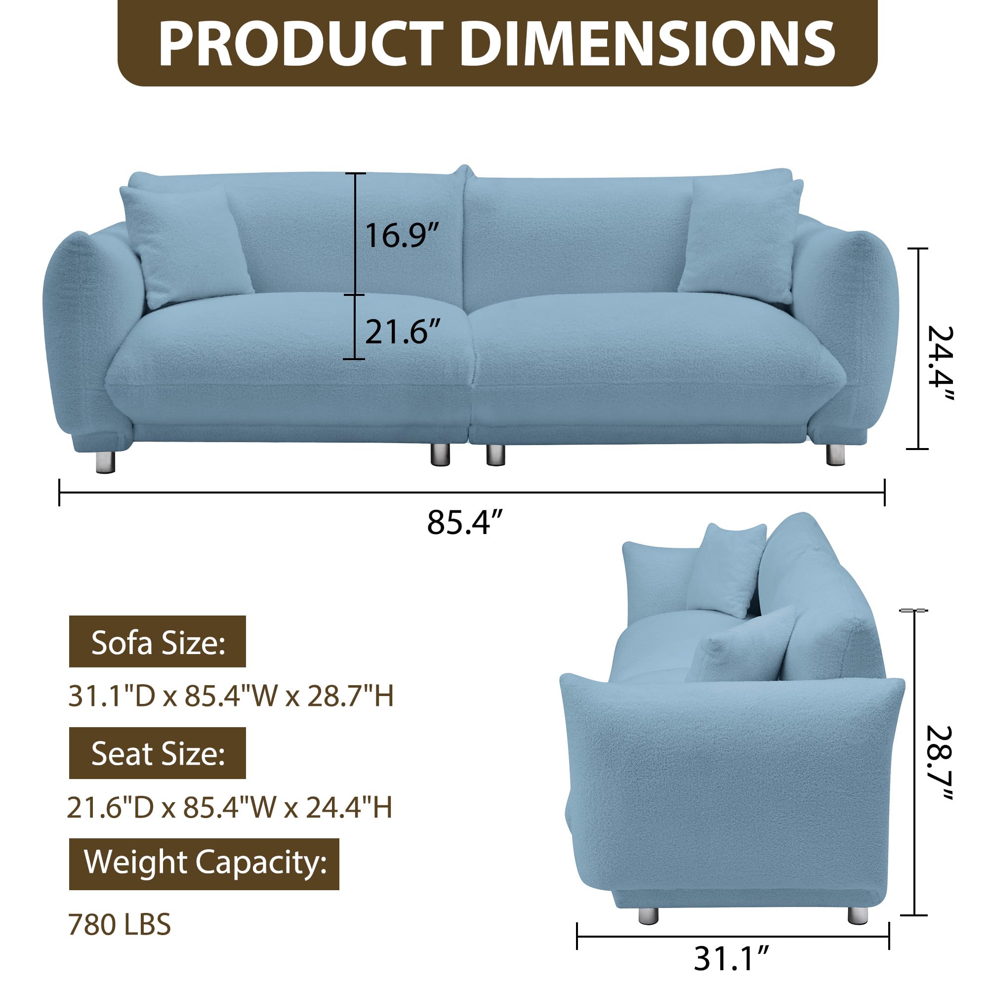 RXRRXY 85'' Modern Cloud Fluffy Loveseat Sofa Couch, Upholstered Deep Seat Love Seat with Thick Cushion, 3 Seater Comfy Boucle Couch with 2 Pillows & Metal Legs for Living Room, Office (Blue)