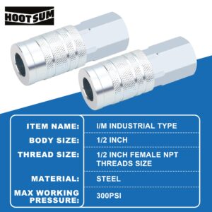 HOOTSUM 1/2” Air Hose Fittings Set, High Flow 2PCS I/M Industrial Type Coupler with 1/2” FNPT, 3PCS Plugs with 1/2” NPT, 5PCS Steel Air Compressor Accessories Quick Connect Fittings 300PSI