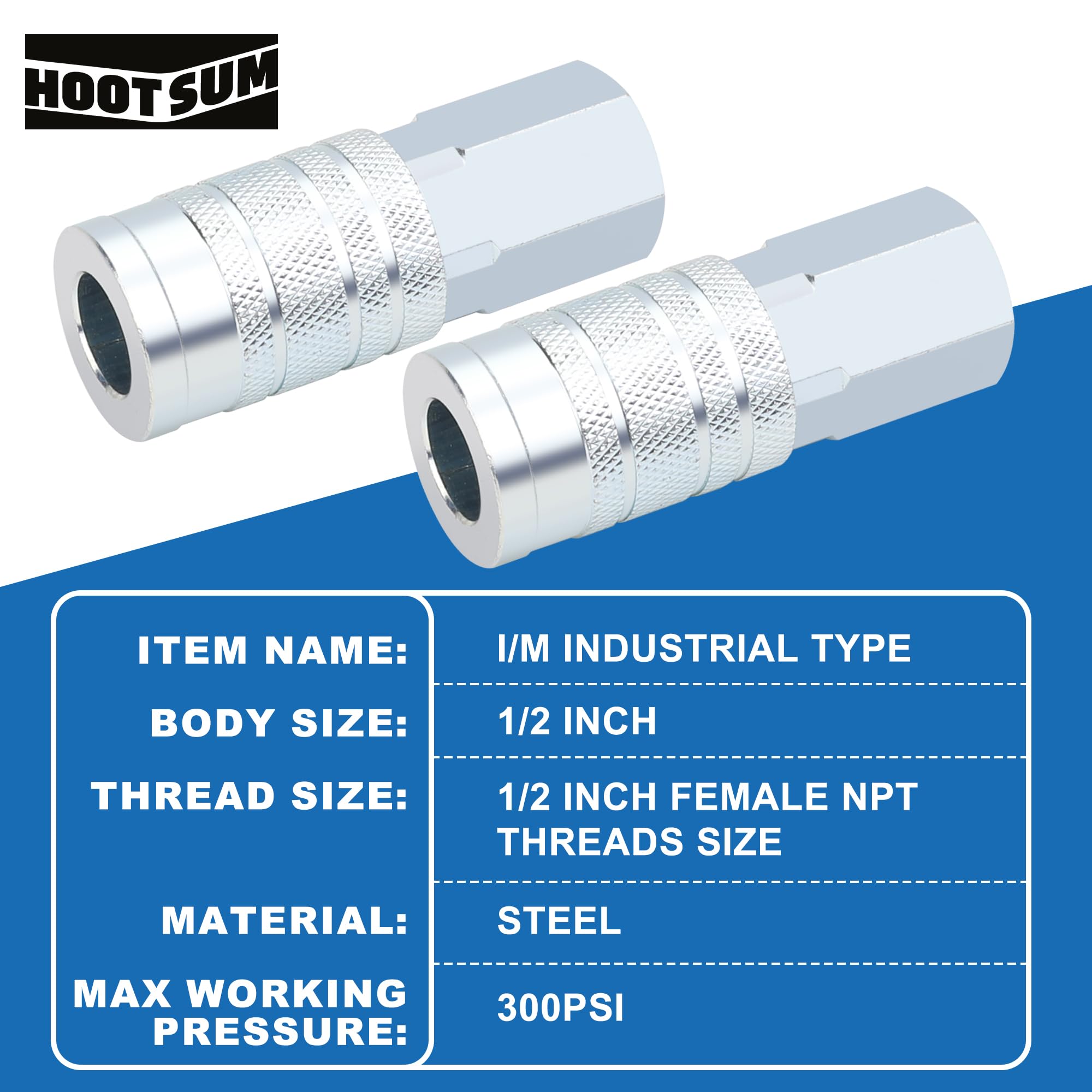 HOOTSUM 1/2” Air Hose Fittings Set, High Flow 2PCS I/M Industrial Type Coupler with 1/2” FNPT, 3PCS Plugs with 1/2” NPT, 5PCS Steel Air Compressor Accessories Quick Connect Fittings 300PSI