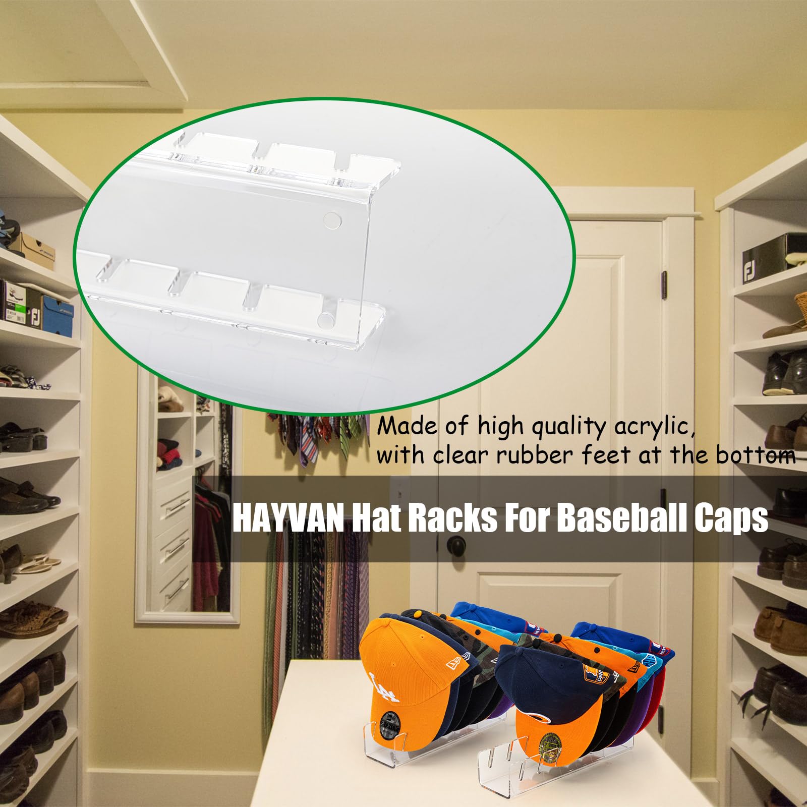 HAYVAN Hat Stand for Baseball Caps 2 Pack No Install - Acrylic Hat Holder Display and Organizer for 14 Baseball Caps for Bedroom, Closet, Dresser(Clear)