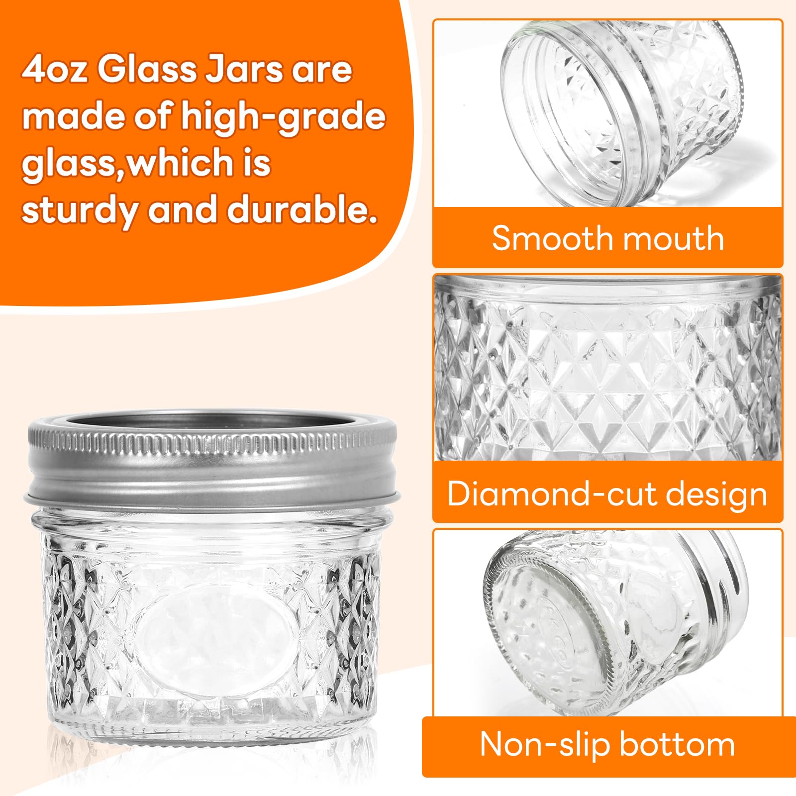 TOEKSIX Mini Mason Jars 4 oz 40 Pack, Regular Mouth Mason Jar with Lids and Seal Bands, Small Glass Canning Jar for Spice, Jam, Honey, Jelly, Dessert, Shower Wedding Favors, DIY Candles Decor