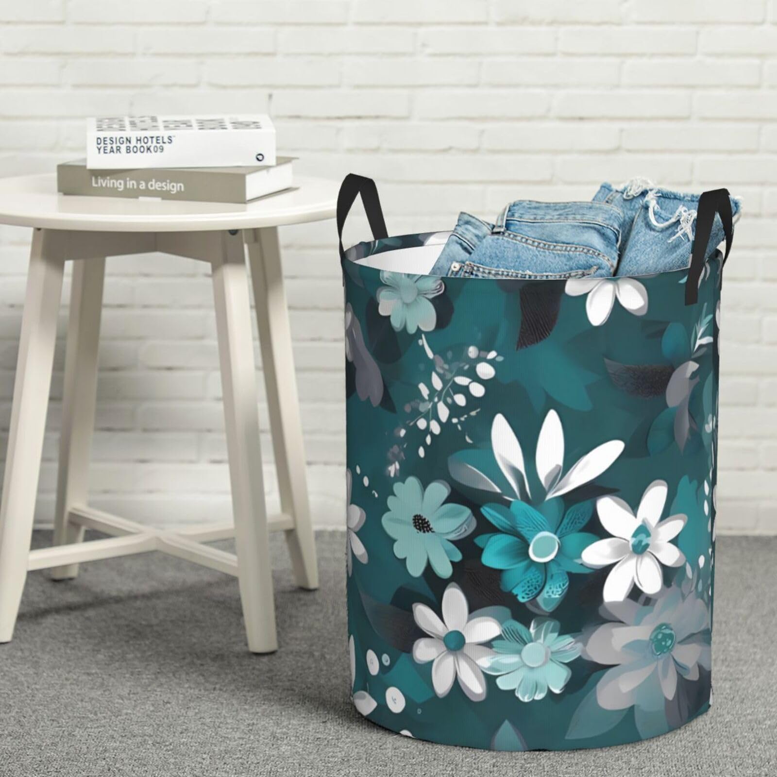 Teal Grey And White Floral Printed Laundry Hamper,Round Laundry Basket,Clothes Hamper With Handle,Collapsible Waterproof For Bedroom