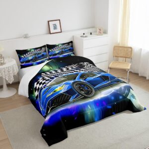 Feelyou Blue Racing Car Comforter Set Twin Size, Fast and Furious Extreme Sport Games Bedding Sets for Kids Boys Teens,Sports Car Bed in A Bag,Cool Modern Duvet Insert with 1 Pillowcase