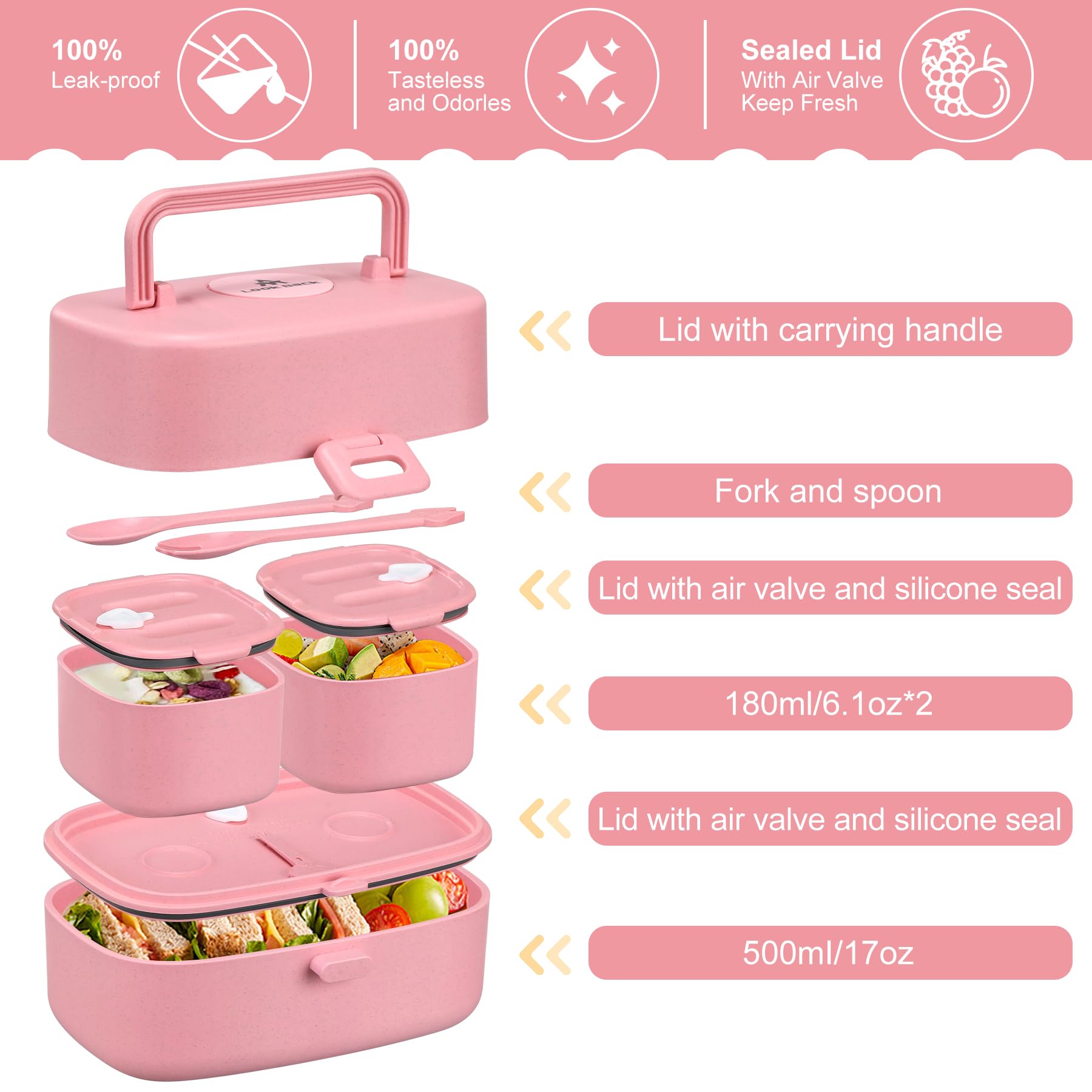 Pawtong Bento Lunch Box with 8oz Soup Thermo, Kids Sustainable Bento Box Leakproof Lunch Food Containers with Lunch Bag, Kids Thermo Insulated Hot Food Jar for School, Trvael (Pink)