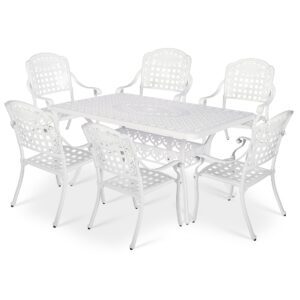 vivijason 7-piece patio furniture dining set, all-weather cast aluminum outdoor conversation set, include 6 chairs and a rectangle table with umbrella hole for balcony lawn garden backyard, white