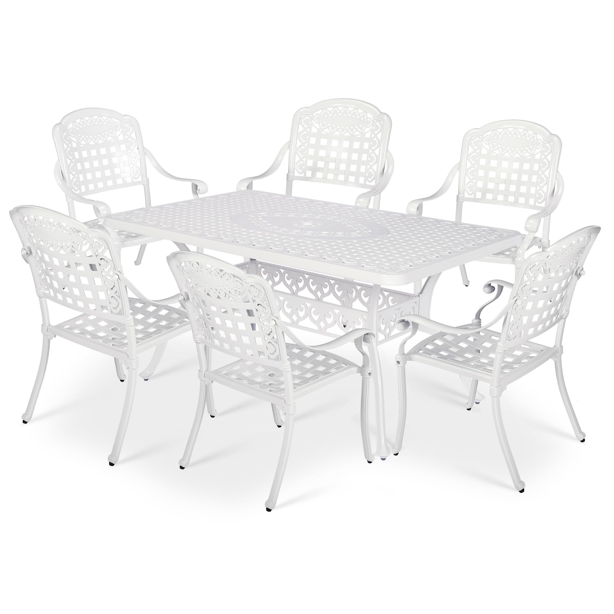 VIVIJASON 7-Piece Patio Furniture Dining Set, All-Weather Cast Aluminum Outdoor Conversation Set, Include 6 Chairs and a Rectangle Table with Umbrella Hole for Balcony Lawn Garden Backyard, White