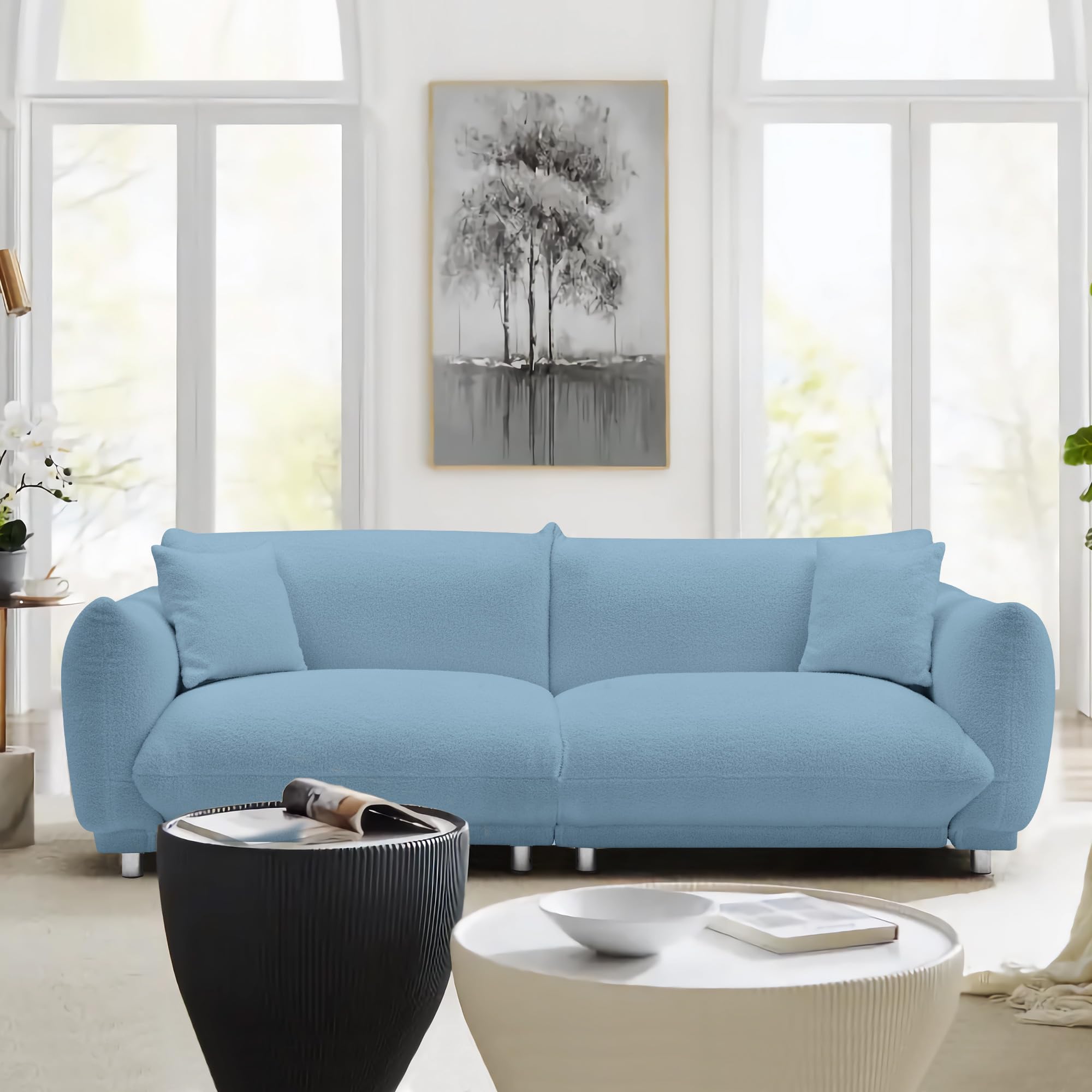 RXRRXY 85'' Modern Cloud Fluffy Loveseat Sofa Couch, Upholstered Deep Seat Love Seat with Thick Cushion, 3 Seater Comfy Boucle Couch with 2 Pillows & Metal Legs for Living Room, Office (Blue)