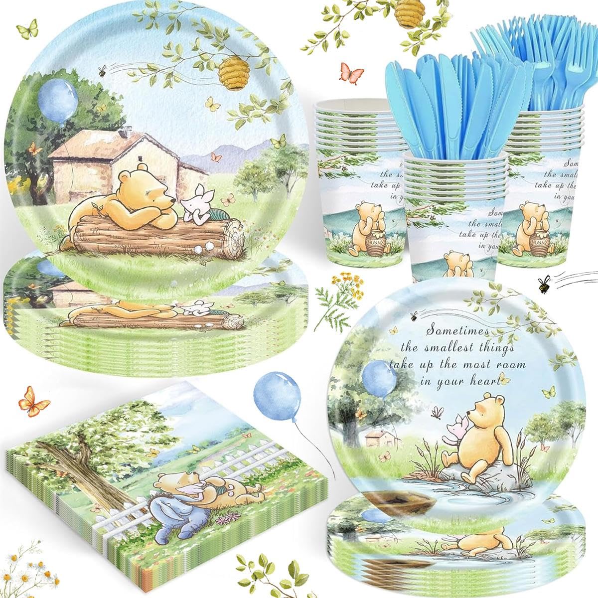 120PCS Winnie Baby Shower Party Supplies Babyshower 1st Party Decorations for Kids Girls Birthday Neutral Pooh Plates Napkin Cups Disposable Tableware Set for 20 Guests