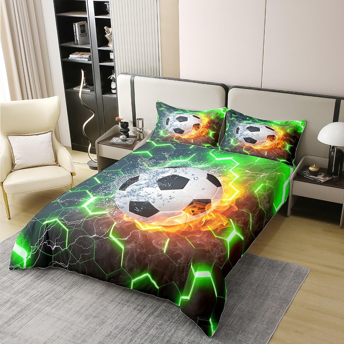 Erosebridal Kids Soccer 100% Cotton Duvet Cover Full Size,Football Bedding Set for Boys Room Decor,Green Gradient Hexagon Comforter Cover Soccer Gifts for Teen Girls,Geometric Honeycomb Bed Set