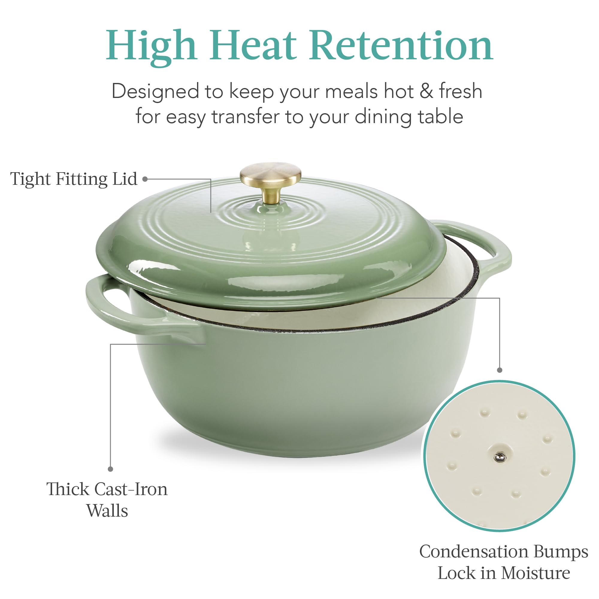 Best Choice Products 6 Quart Enamel Cast-Iron Round Dutch Oven, Family Style Heavy-Duty Pre-Seasoned Cookware for Home, Kitchen, Dining Room, Oven Safe w/Lid, Dual Handles - Sage Green