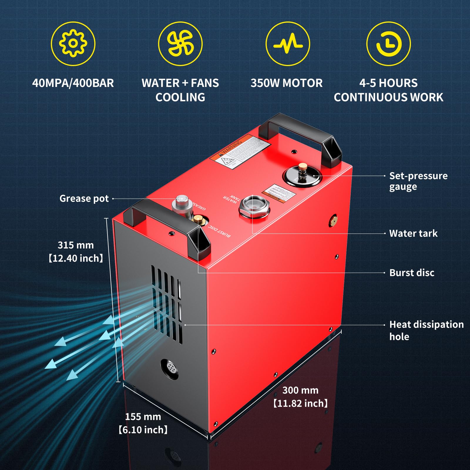 GX PUMP CS4-I Portable PCP Air Compressor, 350W Powerful Motor,Max 5800Psi/40Mpa, Built-in Home Converter, Water and Fans Cooling, 5 Hours Continous Work, 12V Auto Stop Paintball Air Compressor