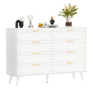 Rovaurx 8 Drawer Double Dresser for Bedroom, Chest of Dressers, Modern Wooden Dresser Chest with Golden Handles, Beside Table for Closet, Living Room and Entryway, White RDG003W