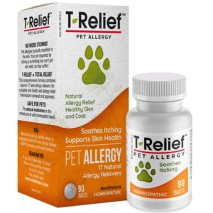 t-relief pet allergy support for dogs & cats itchy relief supports healthy skin & coat natural medicine helps soothe hot spot itching paws licking runny nose sneezing watery eyes - 90 tablets