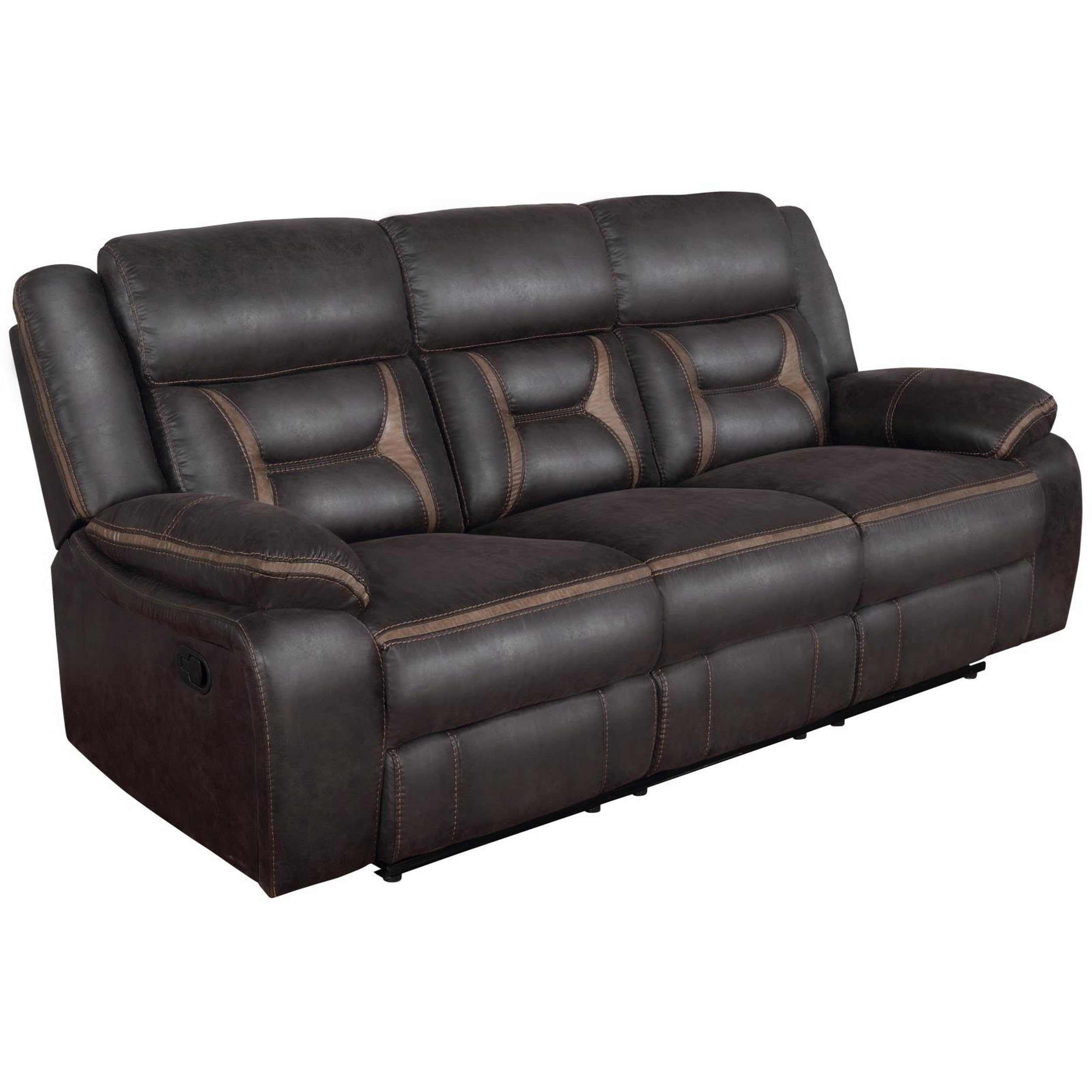 Benjara 87 Inch Sofa, Manual Motion Recliner, 2 AC and 2 USB, Brown Faux Leather