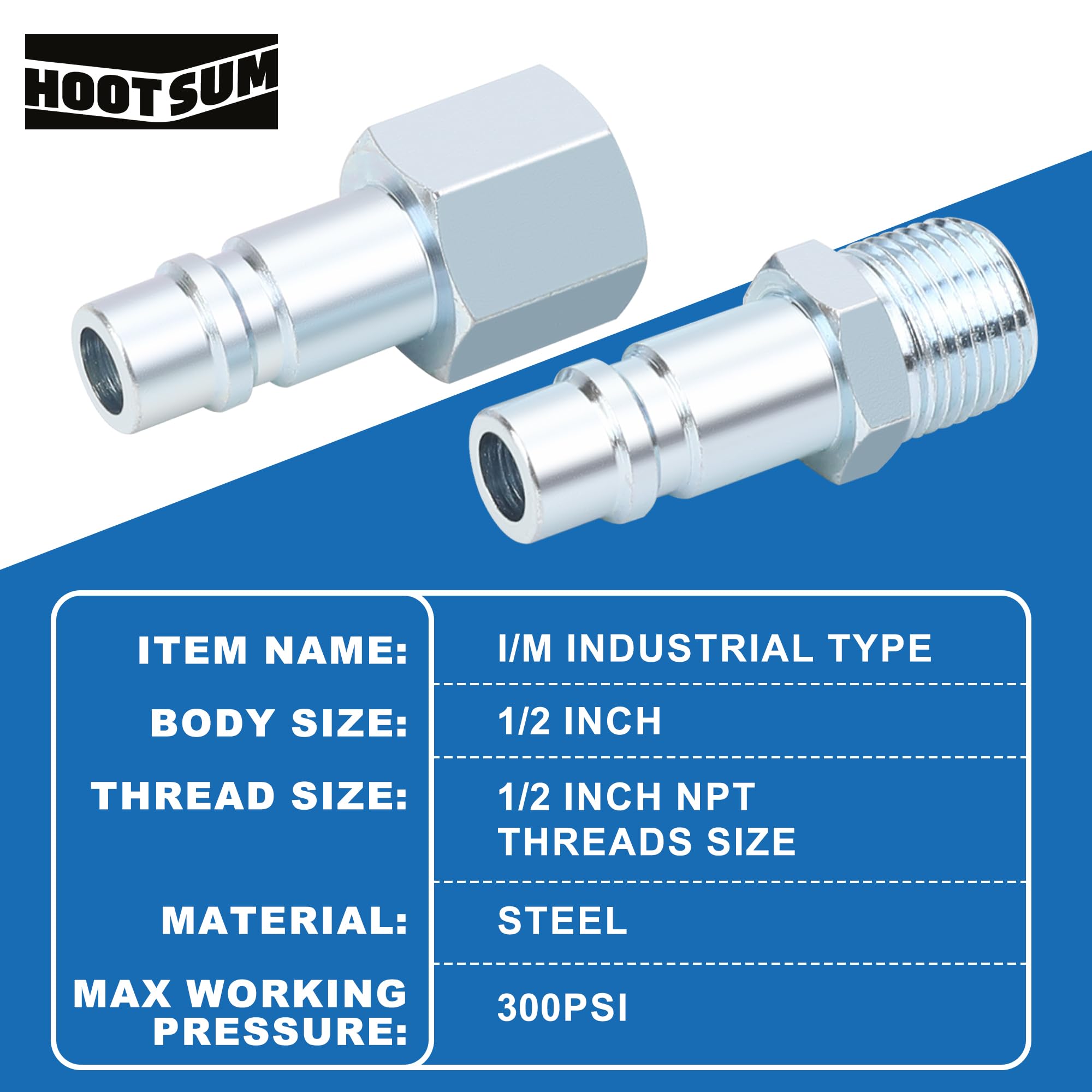 HOOTSUM 1/2” Air Hose Fittings Set, High Flow 2PCS I/M Industrial Type Coupler with 1/2” FNPT, 3PCS Plugs with 1/2” NPT, 5PCS Steel Air Compressor Accessories Quick Connect Fittings 300PSI