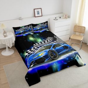 Feelyou Blue Racing Car Comforter Set Twin Size, Fast and Furious Extreme Sport Games Bedding Sets for Kids Boys Teens,Sports Car Bed in A Bag,Cool Modern Duvet Insert with 1 Pillowcase