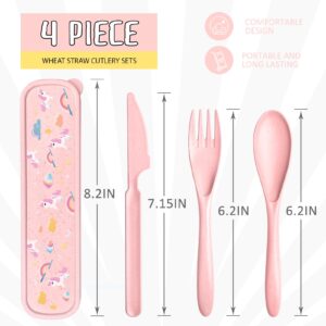 Teivio Plastic Wheat Straw Portable Travel Utensils Set for Kids, Reusable Flatware-Forks Spoons Knives Chopsticks for School Camping with Cute Unicorn Pattern Storage Case (Pink)