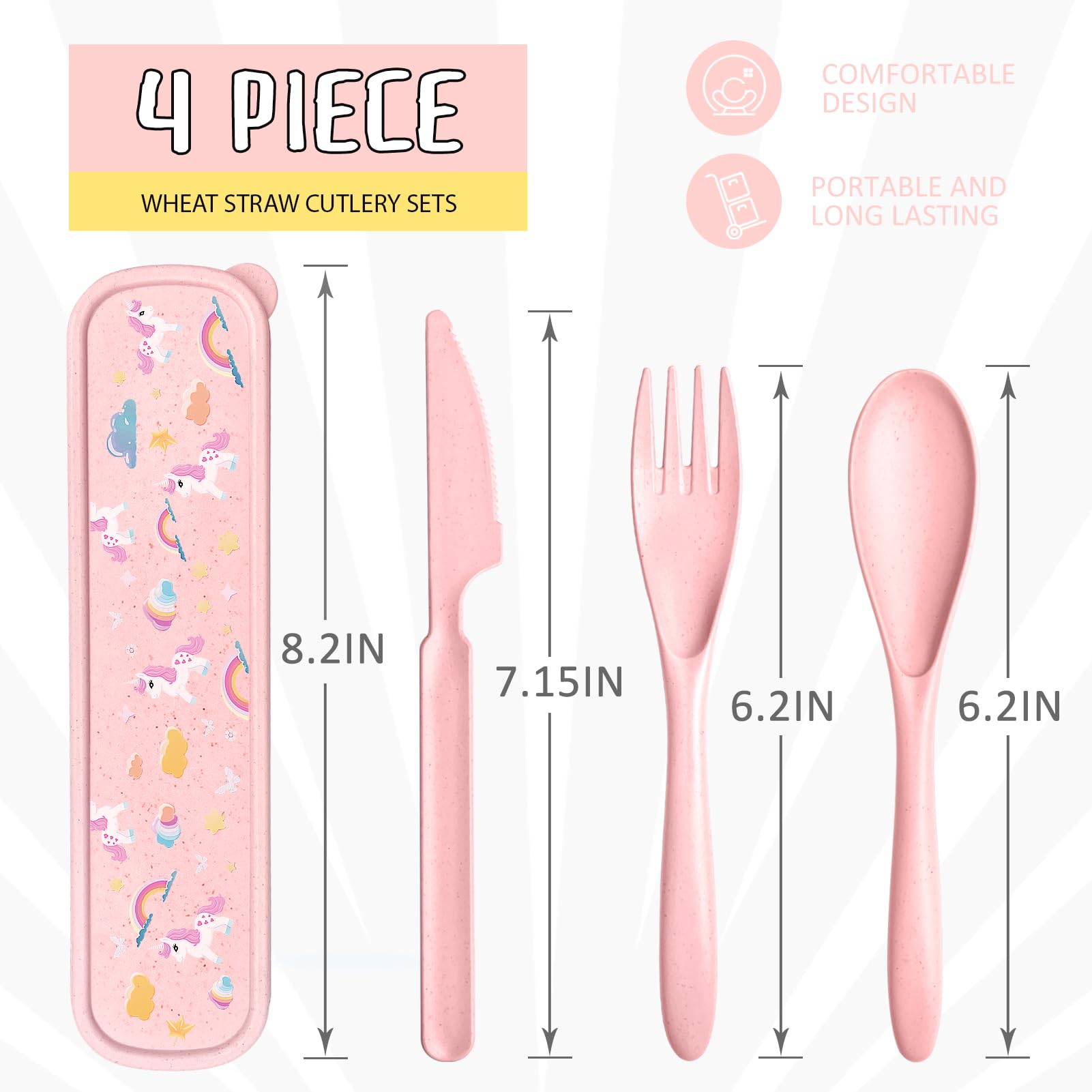 Teivio Plastic Wheat Straw Portable Travel Utensils Set for Kids, Reusable Flatware-Forks Spoons Knives Chopsticks for School Camping with Cute Unicorn Pattern Storage Case (Pink)