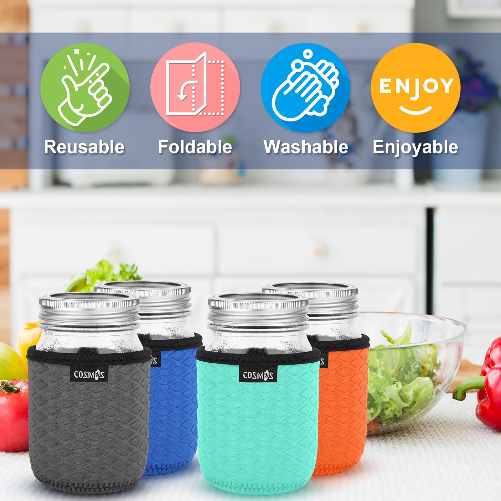 Cosmos 4 Pcs Neoprene Mason Jar Sleeve Cover for Regular Mouth Jar, Insulated Glass Jars Cover Canning Sleeves Glass Container Protector Holder for Home Kitchen Storage (For 16 OZ Jar)