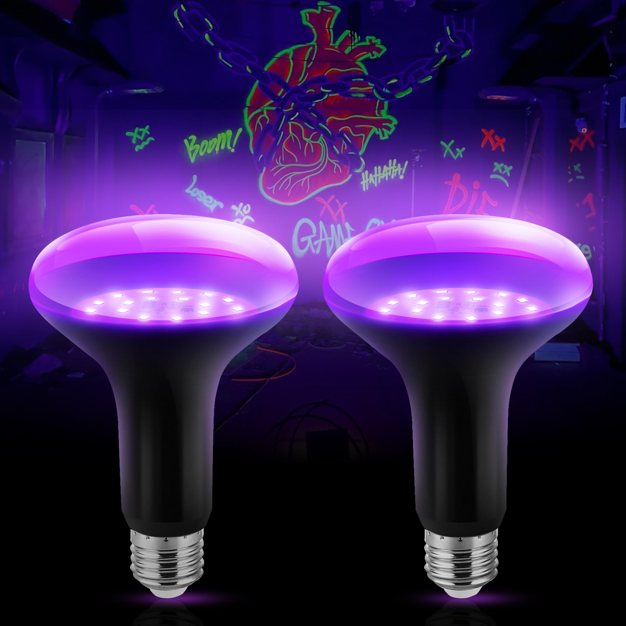 L LOHAS LED Black Light Bulbs, BR30 LED Black Light Bulb Glow in the Dark, 12W Halloween Blacklight Bulb UV 120WEquiv,UVA385-400nm, Black Light Bulbs for Glow Party Body Paint Fluorescent Poster,2Pack