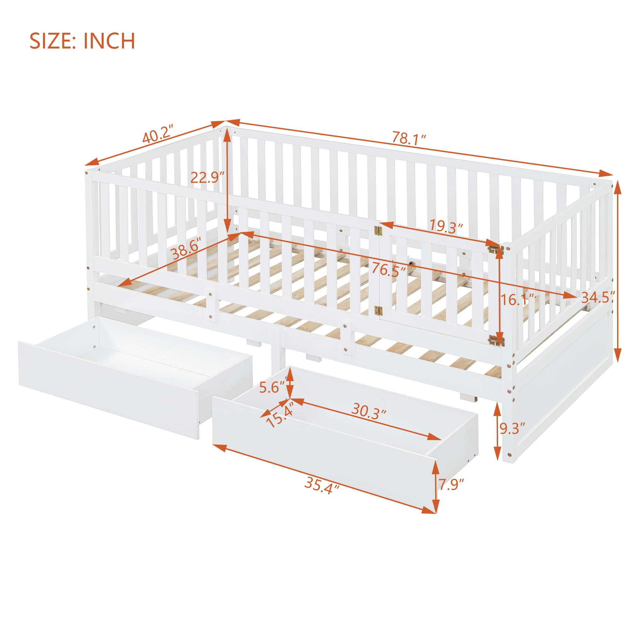 Twin Bed Frame with Rails and Storage Drawers, Can Be Divided into A Twin Size Floor Bed with Fence and A Daybed with 2 Drawers, Wood Montessori Beds for Kids Boys Girls Teens, White