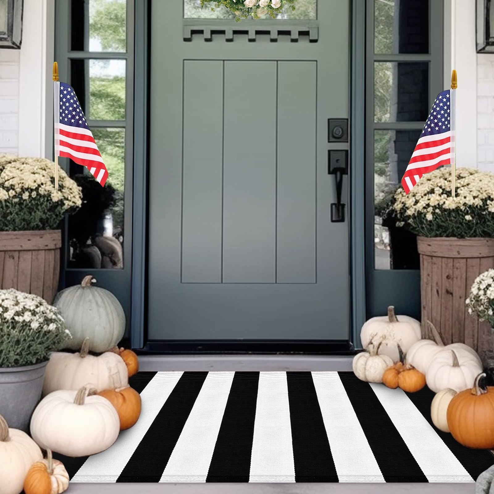 Basima Black and White Striped Outdoor Rug, 27.5" X 43" Washable Cotton Layering Stripe Front Door Entrance Mat, Layered Porch Rugs, Indoor Farmhouse Entry Way Doormats for Kitchen & Laundry