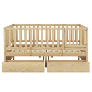 RUNNA Multifunction Full Size Wood Daybed with Fence Guardrails and 2 Drawers, Split into Independent Floor Bed & Daybed for Kids Girls Boys (Natural#8)