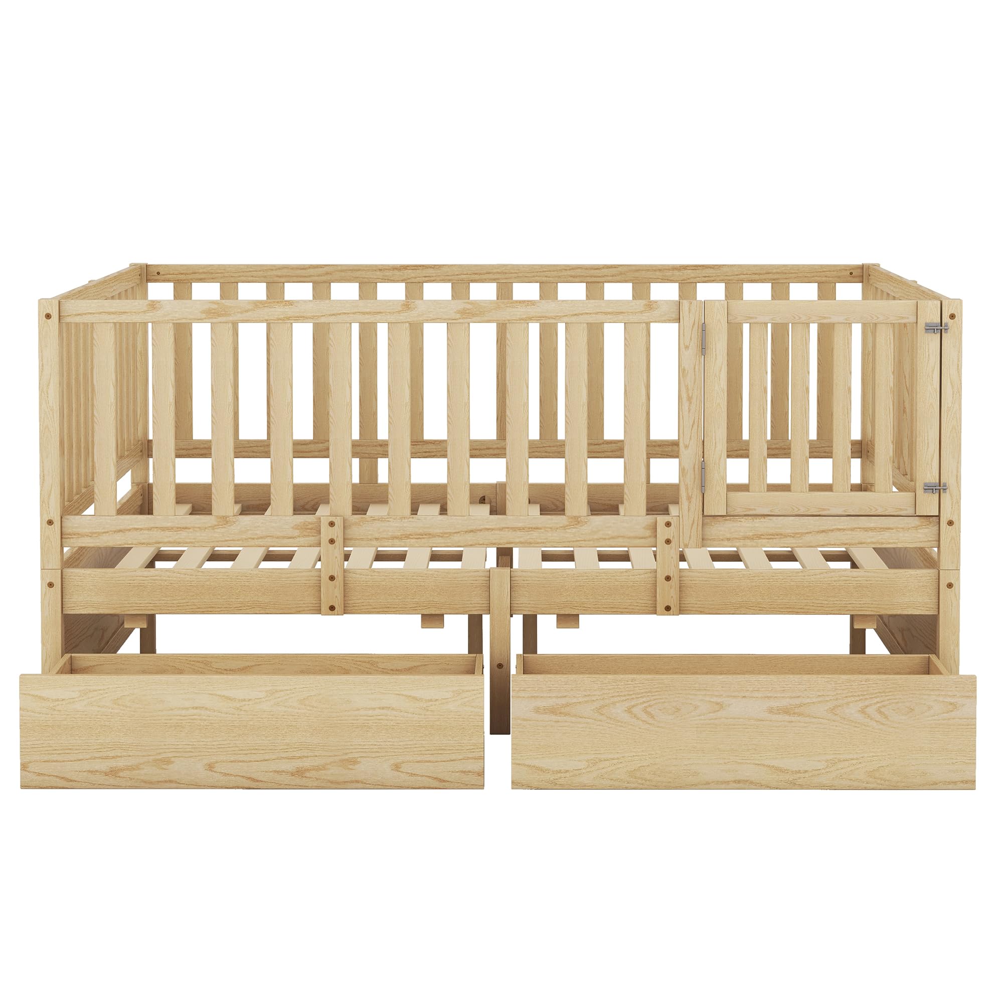 RUNNA Multifunction Full Size Wood Daybed with Fence Guardrails and 2 Drawers, Split into Independent Floor Bed & Daybed for Kids Girls Boys (Natural#8)