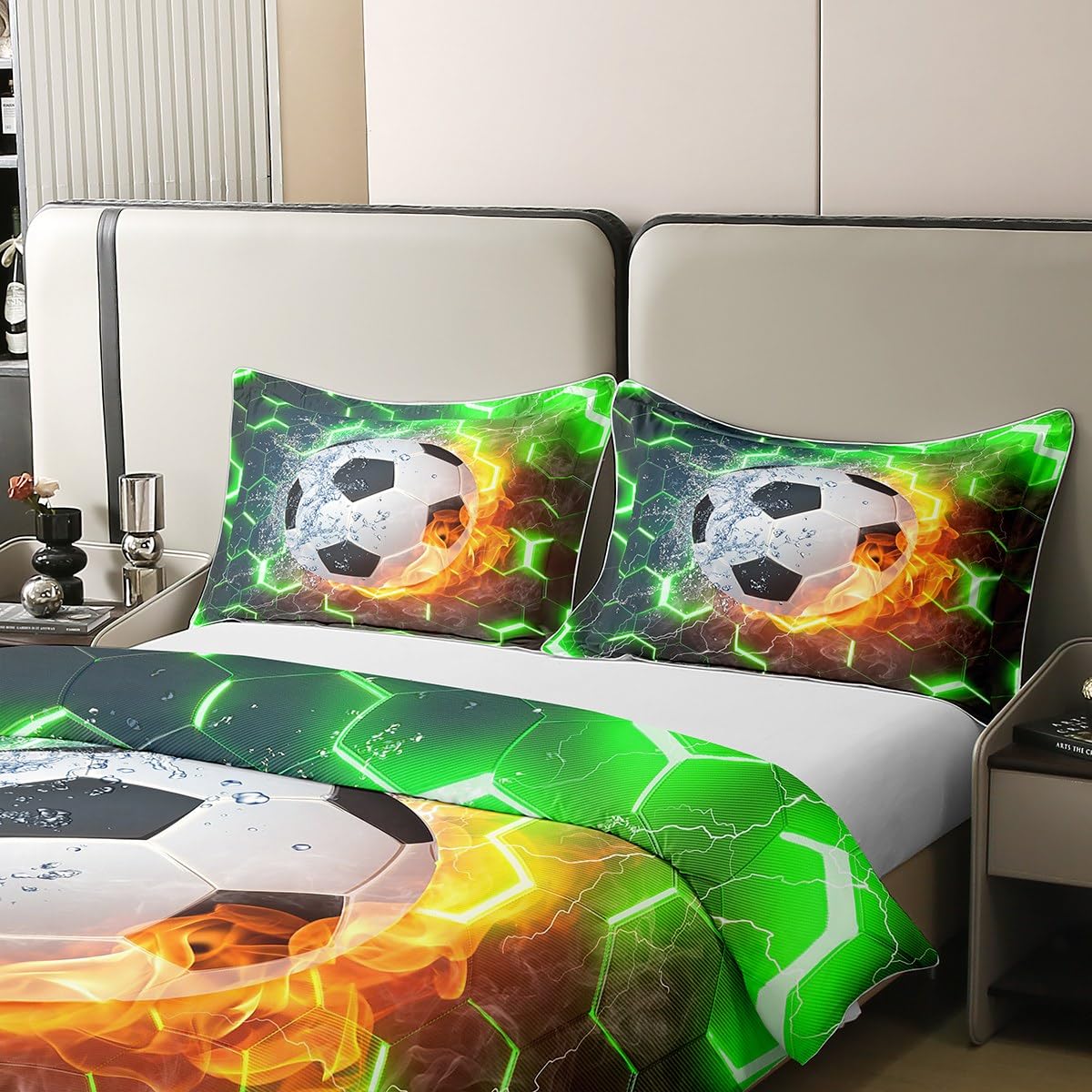 Erosebridal Kids Soccer 100% Cotton Duvet Cover Full Size,Football Bedding Set for Boys Room Decor,Green Gradient Hexagon Comforter Cover Soccer Gifts for Teen Girls,Geometric Honeycomb Bed Set